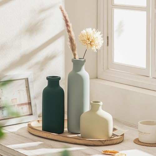 Ceramic Vase Set of 3 - Rustic Vases Set for Flower Centerpieces Pampas Grass - 3 Bud Vases for Home Decor - Modern Terracotta Vases for Home Farmhouse Table Office, Mini Pottery Vase by Lyeec - color: 202-4