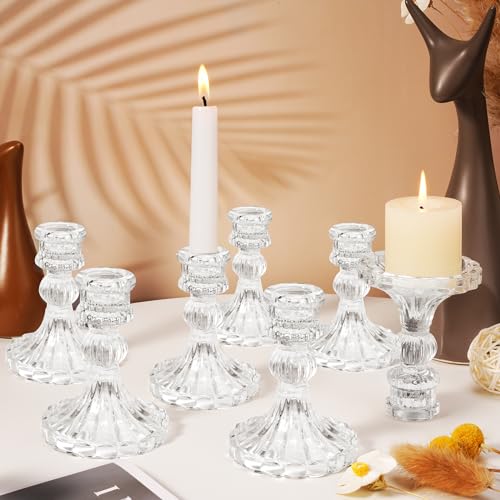 Maxcheck Set of 6 Candlestick Holders Taper Glass Candle Holder Decorative Candle Stand for Wedding Party Table Centerpiece Anniversary Festival Home Decor(Clear) - color: Clear
