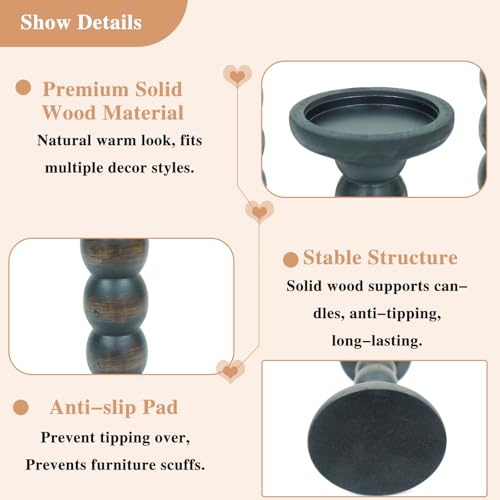 Solid Wood Candle Holder, 3Pcs Rustic Black Candle Holders for Pillar Candles, Decorative Candle Holders Distressed Wooden Farmhouse Candle Holder Large for Fireplace Table - color: Washed Black