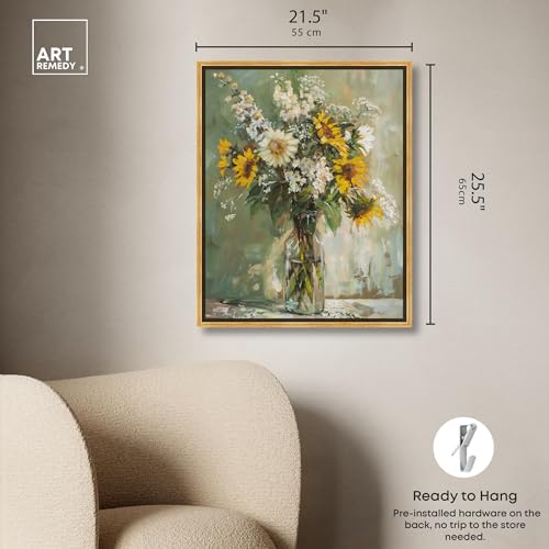 Art Remedy Sunflowers In A Glass Vase Canvas Vintage Farmhouse Wall Art, Gold Frame, 20" x 24" - color: Gold Frame, size: 25"L x 21"W