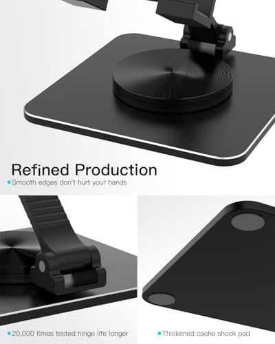 Cell Phone & Tablet Stand for Desk, Aluminum Adjustable Holder for iPhone, iPad & Smartphones || Foldable Mount with 360° Swivel, Stable Base & Portable Design for 4–9.7in Devices, Black - color: Black