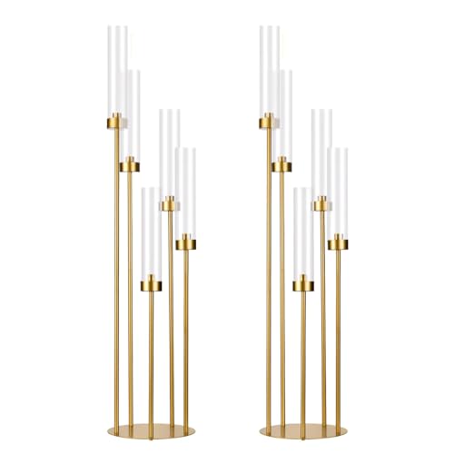 2PCS Gold Floor Candelabra,5 Arm Candle Holder Tall Floor Candle Holder with Acrylic Lampshade for Wedding Table Birthday Party Home Decoration Fit LED Taper Candles - color: Gold, size: 2pcs