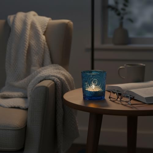 12 Pack Patented Sun Moon Star Embossed Glass Tea Light Candle Holders - Unique Votive Candle Holders for Wedding, Party, and Table Centerpieces (Ocean Blue) - color: Ocean Blue