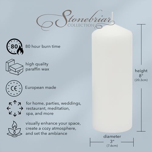 Stonebriar 3 Pack Tall 3 x 8 Inch 80 Hour Long Burning Unscented White Wax Pillar Candles - size: 3" x 8", style: Pack of 3