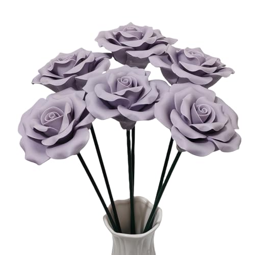 Handmade Porcelain 3D Ceramic Rose Flower, Eternal Flower Decoration for Home Office Decor, Creative Desktop vases, Porcelain Decorations, Exquisite, Set of 6 (Purple) - color: Purple