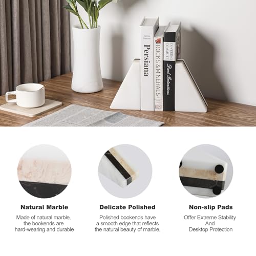 Karibiber Marble Book Ends, Non-Skid Bookends for Shelves, Composite Bookend with Natural Marble, Heavy Duty Book Stopper, Collected CDs and Oversized Books Organizer, Gold & Black Decorative Bookends - color: White&gold& Black