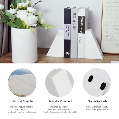 Karibiber Marble Bookends for Heavy Books, Decorative Book Ends for Shelves, White Stone Durable and Heavy-Duty Book Ends for Hardback Books & CDS, Unique Book Stopper & Holder, Set of 2 - color: Greece-volakas