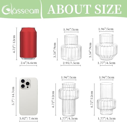 Glasseam Glass Bud Vases for Centerpieces: 4Pcs Clear Small Vase for Flowers Wedding Table Centerpieces - Modern Mini Decorations for Cute Vintage Home Living Room Decor - color: Clear- Wide Ribbed