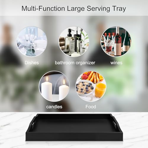 Bamboo Food Serving Tray with Handles, Breakfast Bed Tray for Tea,Snack,Dinner, Home Decorative Storage Food, Platter, Ottoman for Kitchen Counter, Bathroom, Restaurant (Black) - color: Black