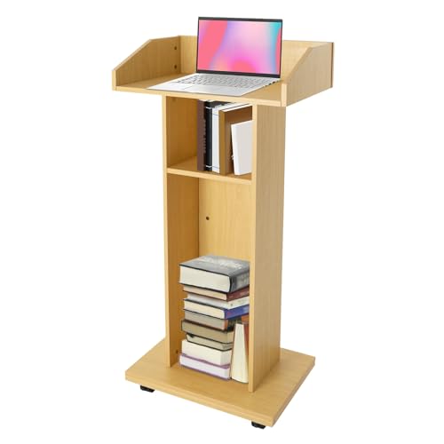 Oak Mobile 43.3" Height Rolling Podium, 3-Tier Movable Desk Lectern Laptop Workstation W/ 4 Wheels Conference Presentation Stand Portable Presentation Standing for Classroom, Church - color: Oak