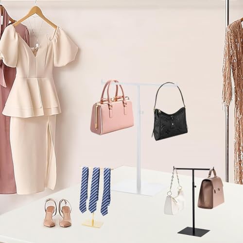 Purse Display Stand T Shaped, Countertop Jewelry/Scarf/Handbag T-Bar Display Stand, Tabletop Double Hook Hanging Stands for Long Necklaces, Metal with Adjustable Height - White - color: White
