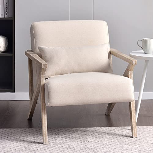 INZOY Mid Century Modern Chair with Wood Frame, Upholstered Armchair with Waist Cushion, Accent Chair for Living Room Bedroom Apartment, Easy Assembly, Beige - color: Beige