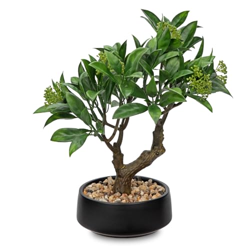 Artificial Bonsai Tree, Small Bay Laurel Bonsai Tree 13" Indoor Bonsai Tree Fake Potted Plant Decorative Fake Desk Plant Decor with Ceramic Pot for Home Office Living Room Bedroom Bathroom Table Shelf - style: Japanese