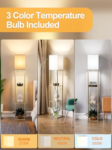 PARTPHONER Floor Lamp with Shelves for Living Room Natural Wood 2 Pack, Shelf Floor Lamp with 3 CCT LED Bulb, Corner Display Standing Column Lamp Etagere Organizer Tower Nightstand for Bedroom Office - color: Natural Wood