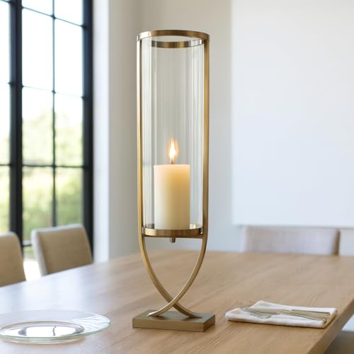 Contemporary Metal and Glass Hurricane Candle Holder - Decorative Pillar Candlestick Holder for Table Centerpiece - Elegant Home Decor Accents for Any Special Occasion Decoration - 31" Gold - color: Gold, size: 31"