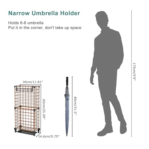 AWTATOS Umbrella Holder Entryway, Umbrella Stand Freestanding, Metal Square Umbrella Rack Organizer with a Removable Drip Tray, Hooks, Brown - color: Brown
