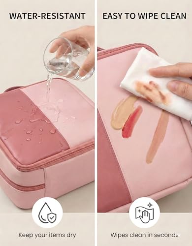 Large Standing Makeup Bag, Sturdy PU Leather Cosmetic Organizer with Fold-Down Phone Tray, Waterproof Travel Toiletry Case with Wipeable TPU Brush Holder, 9.5 Inch, Pink - color: Pink
