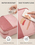 Large Standing Makeup Bag, Sturdy PU Leather Cosmetic Organizer with Fold-Down Phone Tray, Waterproof Travel Toiletry Case with Wipeable TPU Brush Holder, 9.5 Inch, Pink - color: Pink
