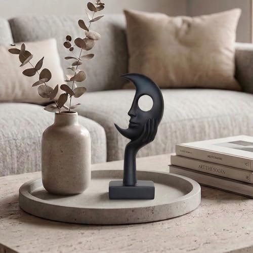 Abstract Face Sculpture, White Matte Finish, Modern Tabletop Statue with Hand on Chin, Freestanding Home Decor - color: Black, size: Small