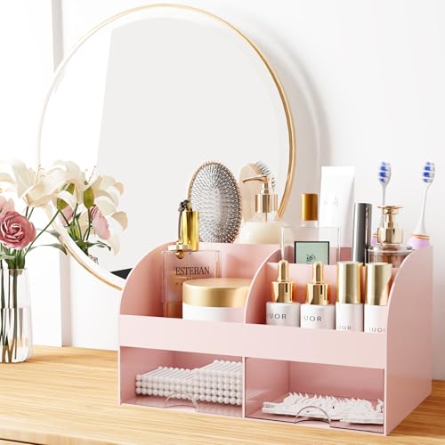 Makeup Organizer with Drawers, Cosmetic Storage for Dresser Vanity and Bathroom Countertop, Beauty Holder for Lipstick Brush, Skincare Organizer for Vanity, Cosmetic Display Case (Pink) - color: Pink