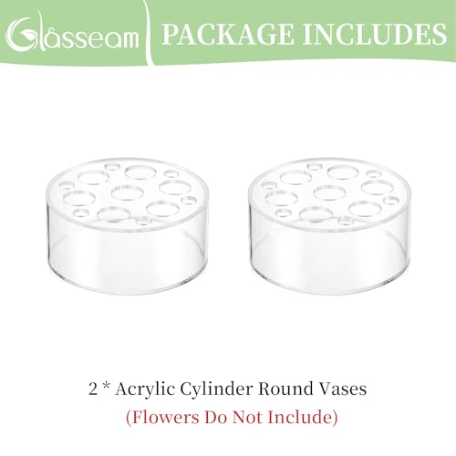 Glasseam Acrylic Flower Vase for Centerpieces: Set of 2 Wedding Party Dining Room Table Decorations, Cylinder Round Clear Vases with 13 Holes (5.9in)