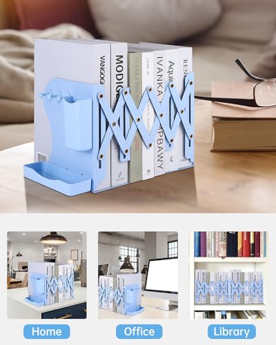 Honagu Adjustable Bookends, Metal Book Ends for Shelves Heavy Book, Bookend for Home, Office, Books, Papers, Book Stopper with Removable Hook, Pen Holder, Gifts for Students, Teachers（Light Blue） - color: Light Blue