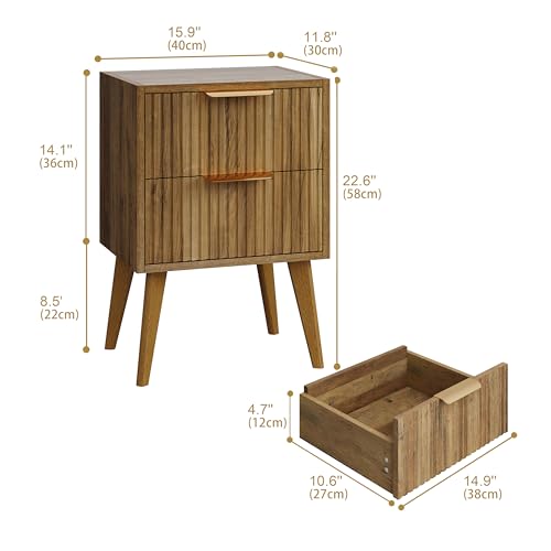 YAUKOMEL Mid Century Modern Nightstand,Small Bedside Table with 2 Drawers,Fluted Side Table,Walnut Brown End Table for Living Room,Bedroom,Small Space,Caramel Oak 11.8" D x 15.7" W x 22.8" H CTG55BR - color: Caramel Oak, style: Fluted Style