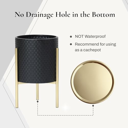 LuxenHome 2-Piece Diamond Pattern Round Metal Cachepot Planter Set, Black Planter with Gold Stands Set of 2 Indoor Plant Pots Large Floor Plant Pot for Plants, NOT Waterproof - color: A Black 9.9"+8.3"