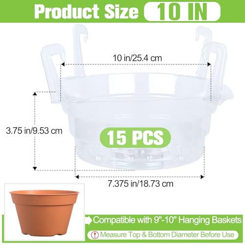 Miuwauer 15 Pack of 10-inch Hanging Basket Water Catcher Plastic Hanging Plant Drip Pan Tray Plastic Saucers Liners for Indoor Outdoor Hanging Plants Baskets Flower Pots - Clear, Round - size: 10 inch