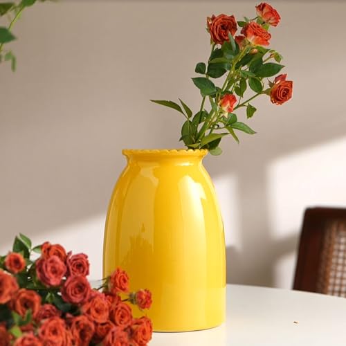 hjn Yellow Flower Vase- Ceramic Vase for Decor, Decor vase for Flowers, Modern Vases for Living Room/Home Decor Accents/Entryway/Mantel/Bookshel-Yellow - color: Yellow-8.5inch