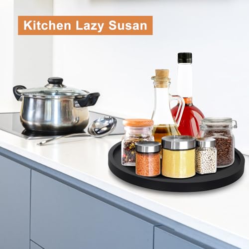 Black Wooden Bathroom Vanity Counter Tray Decor Round Perfume Dresser Trays Kitchen Sink Soap Dish Dispenser Holder Large Wood Lazy Susan Turntable for Table Rotating Bathroom Organizer Accessories - size: 12"