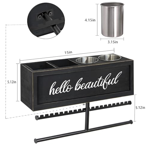 Rustic Hair Dryer Holder Wall Mounted,Hair Styling Tools & Accessories Organizer,Bathroom Supplies & hot Tools vanities Organizer Caddy,for Storage Flat Iron,Blow Dryer,Curling Iron,Towel - color: Black