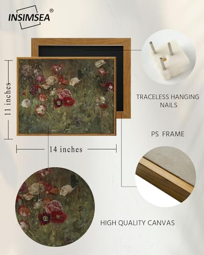 InSimSea Framed Canvas Wall Art Vintage Decor, Classical Flower Paintings Vintage Wall Art for Living Room, Retro Nature Floral Art Work Wall Decorations for Bedroom Home, 11"x14" - color: A Bed of Poppies, size: 14"L x 11"W
