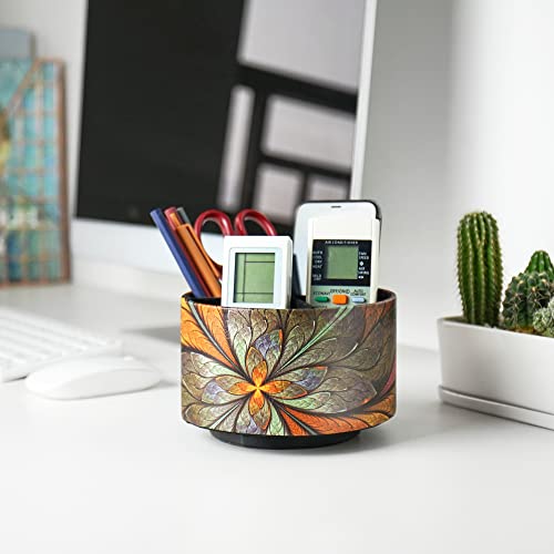 lizimandu Round Leather Art Supply Organizer,Remote Control Holder,360 Degree Rotating,Multi-Functional Pencil Holder,4 Compartments Desktop Stationary Organizer(1-Orange Flower) - color: 1-Orange Flower