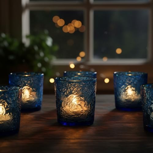 12 Pack Hummingbird Embossed Glass Candle Holders – Votive Tealight Holders with Patent Design, Decorative Embossed Glass Cups for Wedding Centerpieces, Parties, and Home Décor (Ocean Blue) - color: Ocean Blue