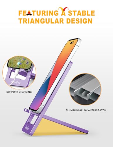 Aoviho Phone Stand for Desk, Ultra-Thin Foldable Aluminum Phone Holder, Portable Travel & Office Cell Phone Stand Compatible with iPhone 17 16 15 14 13 12 Pro Max, Fits 3.7"-7" Devices, Purpel - color: Purple