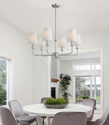 Modern 6 Light Chrome Chandelier with White Fabric Shades Elegant Ceiling Light,Farmhouse & Industrial Pendant Chandelier for Dining Room Living Room Bedroom,E12 Base - color: Chrome