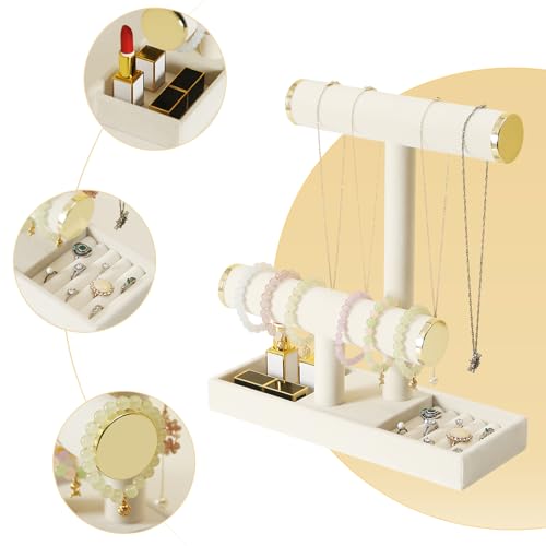 Pangkeep Jewelry Holder Stand,2 Tier Necklace Bracelet Organizer with Tray,Jewelry Displays for Selling Bangles Scrunchie Hair ties Watches and Chains (Beige)