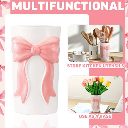 LemonRoad Pink Bow Ceramic Utensil Holder 3D Coquette Handmade Pink Kitchen Decor Mothers Day Kitchen Gifts Cooking Utensil Crock with Scalloped Preppy Caddy Pen Holder Vase for Countertop Spoon - color: Pink, style: Preppy Bow