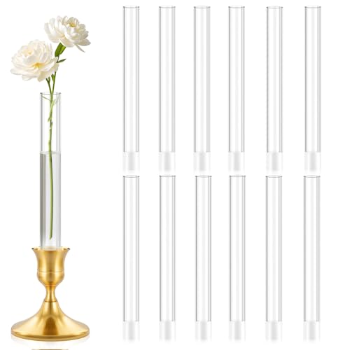 12 Pack 7.9” Acrylic Bud Vase — Cylinder Bud Vase for Taper Candlesticks, Flower Vase with Silicon Rubber Case Fits Candlestick Size 20-22mm, Perfect for Tablescapes, Weddings & Home Decor - size: 12 PC Solid