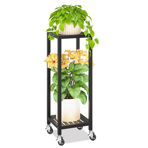 KMOTASUO 2 Tier Black Tall Plant Stand with Wheel for Indoor Outdoor, Heavy Duty Metal Multiple Large Planter Rack for Narrow Corner, Sturdy Iron Vertical Flower Holder for Modern House Patio Bathroom - color: Standard Black, size: 2 Tier