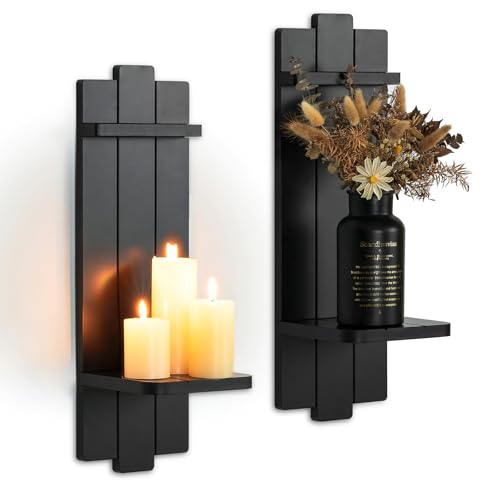Black Candle Holder Wall Decor - 19.7 Inch Large Rustic Wooden Candle Sconces Wall Shelf for Pillar Candles Vases - Gothic Decoration for Halloween Bathroom Living Room - color: Black, size: 19.7in x 6.3in