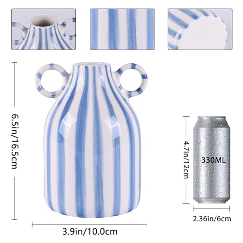 Blue and White Ceramic Vase with Handle, Nordic Boho Small Vases Side Table Flower Centerpiece, Wide Mouth Single Flower Vase Pampas Grass Decorative - for Home Window Sill Living Dining Room Kitchen - color: Blue and White