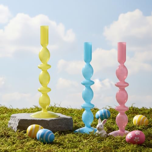 Mumufy 3 Pcs 11 Inch Easter Candle Holder Glass Easter Egg Candlestick Holder Spring Taper Decorations Home Candlesticks Decorations Centerpieces Decor for Candle Fireplace Mantle Dining Gifts