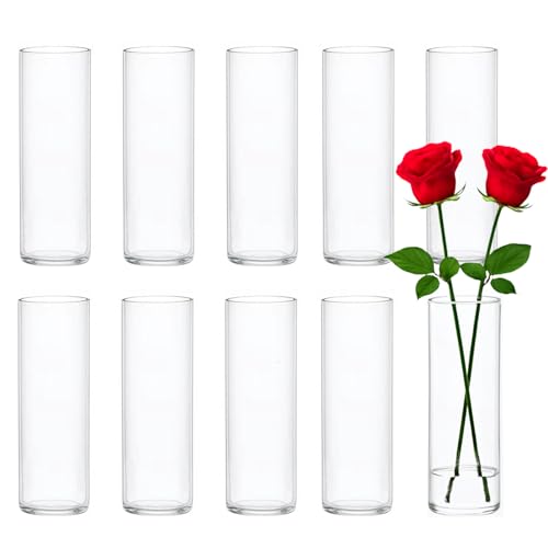 10 Pack Glass Cylinder Vases, 8 Inch Small Clear Cylinder Flower Vase Floating Candle Holders Glass Vases for Centerpiece Table Party Home Wedding