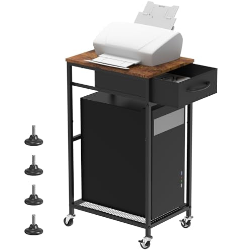 Computer Tower Stand PC Tower Stand with Storage Drawer 2 Tier Wood Rolling CPU Holder Stand Mobile Printer Cart on Wheels for Home Office, Industiral Brown and Black - color: Brown