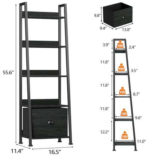 Furologee Ladder Shelf, Ladder Bookshelf with Drawer, Industrial 5 Tier Book Shelf, Display Open Bookcase Storage Shelves for Books, CDs, Photos, Black Shelving Unit for Home Office, Living Room - color: Black N, size: 5-Tier, 15" W
