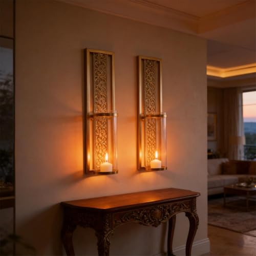 Wall Candle Holder,2PCS Vintage Hollowed Metal Sconce with Glass Cover,Walls Mount Iron Wall Art Candleholder Sets,Ramadan Walls Decorations for Living Room Farmhouse Fireplace Wedding - color: Black