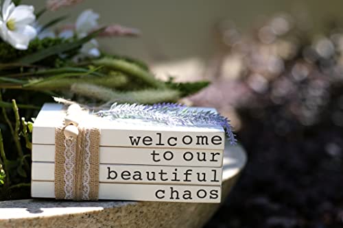 Lavender Inspired Welcome to Our Beautiful Chaos - Rustic Farmhouse Stacked Books - Set of 4 Wooden Book Bundle - Farmhouse Home Decor - Housewarming Gift - color: Welcome to Our Beautiful Chaos