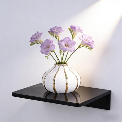 White Gold Home Decor Vase, Round White Bud Ceramic Vase for Flowers, Luxury Home Decoration, Dining Table Centerpiece (E-White)